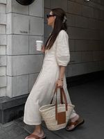 Robe longue décontractée pour femme Enyami, chic à la française, élégante, en coton et lin, col en V, manches bouffantes, style maxi