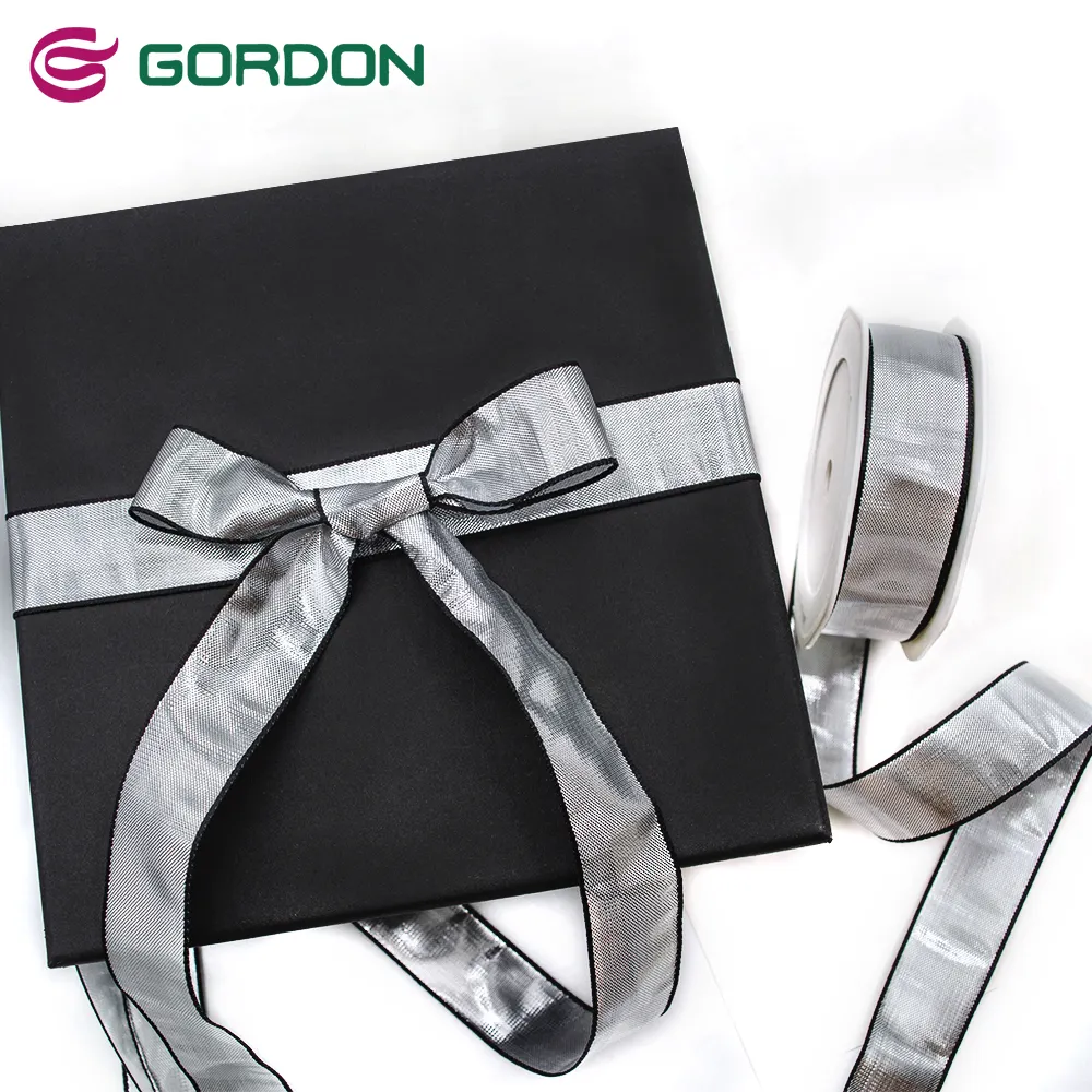 Gordon Ruy Băng Sáng Bóng Mô Hình Con Rắn Bạc Kim Loại Ribbon Đen Edged Double Sided Vàng Ruban Cho Món Quà Gói Hộp Trang Trí