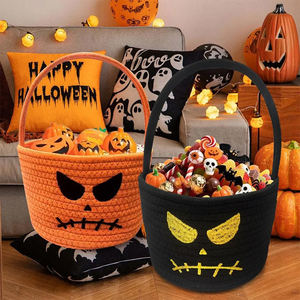 Panier de rangement en corde de coton tressé à la main, série Halloween, sac à bonbons pour enfants, sac citrouille, seau de bonbons pour Halloween - Product Image 1
