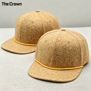 Custom Logo 6 Panel Cork <b>Flat</b> Brim <b>Hat</b> Wholesale Bulk Wood Grain Texture Rope <b>Hat</b> Manufacturer - Product Image 2