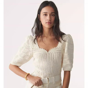 Logotipo personalizado OEM y ODM verano Casual Mujer Flor hueco punto pequeño nicho gancho con patrón sólido cuello redondo Ordenador de punto - Product Image 4