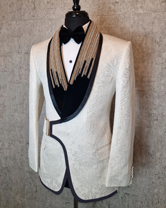 Custom Floral Jacquard Tuxedo Ternos para Homens Casamento Slim Fit Mão Bordada Branco Marfim Damask Jacquard Jacket - Product Image 4