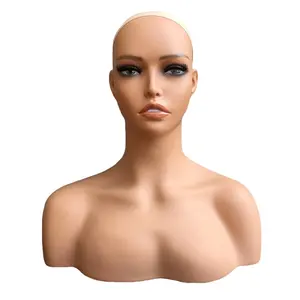 Realistic Mannequin Head for Wig Display Pvc Female Makeup Head Mannequins Wig Stand with Shoulder Wholesale Dark Skin