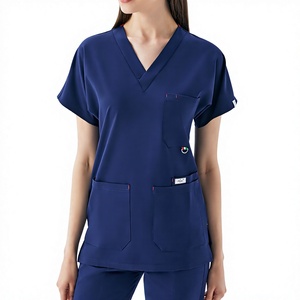 Ensemble de blouses médicales deux pièces bleu marine pour femmes, à manches courtes, en tissu sergé Spandex/Polyester, avec détection d'aiguilles, pour usage hospitalier, ODM - Product Image 1