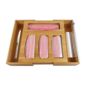 Bamboo Adjustable Cutlery Tray Expandable Wood Ziplock Bag Storage Organizer Drawer Box Wrap Dispenser With Cutter