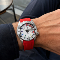 Montre de plongée automatique en argent personnalisée pour hommes, bracelet en cuir rouge, aiguilles lumineuses, boîtier en acier inoxydable de 42 mm, verre saphir synthétique