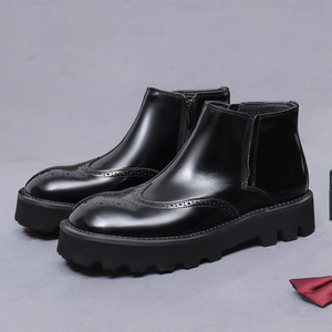 Men's British-style Chelsea <b>boots</b> with engraved zippers, durable thick-soled, high-top, business leather <b>boots</b> - Product Image 1