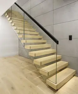DB Clear Varnish Wooden Tread Staircase Floating Straight Stairs Customized Interior Stairs Designs