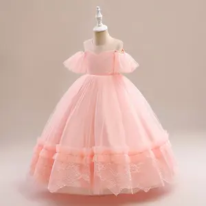 New Fancy ODM OEM Kids Off Shoulder Tulle Long Dress Girl Pink Ball Gown Children Performance Dresses