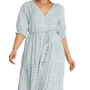 Wholesale Custom OEM Hight Quality Women <b>Dress</b> Casual V-neck Short Sleeves Checkered Print Midi <b>Dress</b> - Product Image 3