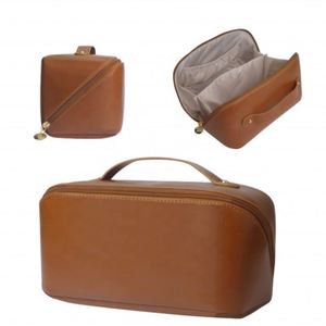 Bolsa de cosméticos de PU marrón personalizada, organizador de viaje, artículos de tocador para mujer, bolsas de maquillaje de gran capacidad planas abiertas, cremallera de moda duradera - Product Image 2