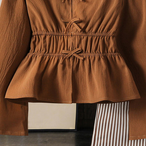 Completo Casual Autunnale per Ragazze 2T, Set 2 Pezzi 12 Anni con <span class=keywords><strong>Pantaloni</strong></span> a Gamba Larga a Righe, Top con Maniche Svasate, Fiocco in Vita, Tessuto Pettinato - Product Image 6