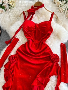 <span class=keywords><strong>Abito</strong></span> Slip in Velluto <span class=keywords><strong>Rosso</strong></span> da Donna - Vestito Aderente <span class=keywords><strong>Vintage</strong></span> con Spacco Alto sulla Gamba - Product Image 3