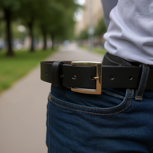 Ceinture en cuir véritable pour homme, largeur 3,5 cm, style classique décontracté, boucle à double ardillon en cuivre, couleur unie, cuir de vache. - Product Image 2