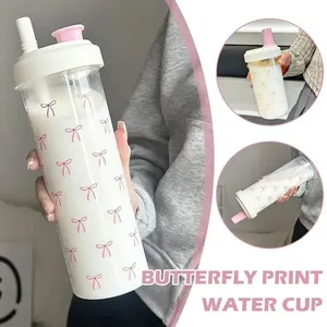 Botella de Agua Reutilizable de 500/700 ml con Pajita y Lazo Rosa, Linda Botella para Café, Té con Leche, Burbujas, para Uso Escolar, al Aire Libre, para Adultos, Modelo T0S6 - Product Image 2