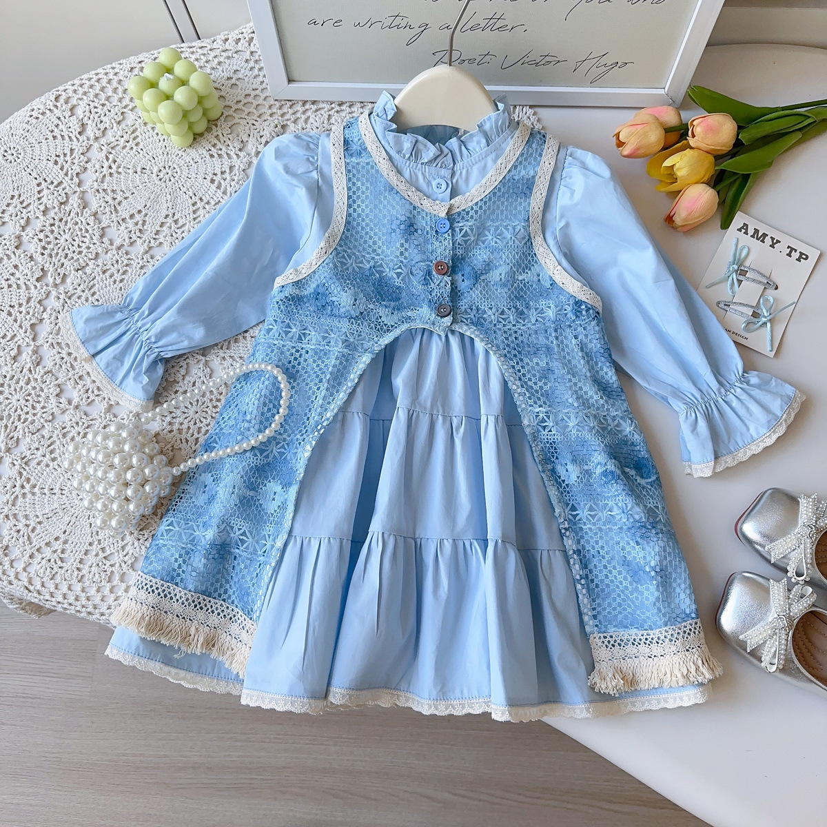 Lace New Baby Dress Design 2019 Light Blue Ruffle Trim Dress Bow