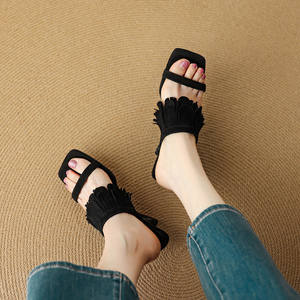 Sandalias de mujer de tacón alto y grueso, de cuero genuino, estilo francés, con punta cuadrada y flecos, de color liso, sin cordones. - Product Image 6