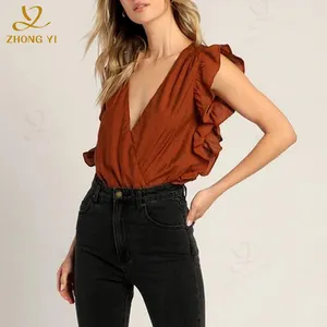 Summer Women Clothing Manufacturers Custom New Solid Color Shirt Puff Sleeve Ruffle V Neck Loose Dressy Chiffon Tops And Blouses
