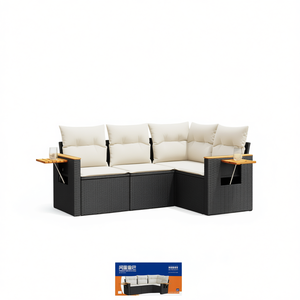 Ensemble de salon de jardin blanc crème et noir avec tables d'appoint, 4 places, mobilier d'extérieur en rotin tressé, design contemporain - Product Image 1