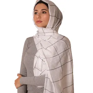 Женский клетчатый хиджаб с белым принтом в клетку, мусульманский головной шарф и обертывания, элегантная бандана, женский платок, Женский хиджаб, шаль, магазины
