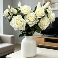 3 têtes de roses artificielles faites à la main, toucher réel, tige en plastique, pour décoration florale de mariage, Saint-Valentin, Fête des Mères, Pâques