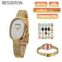 Montre à quartz ovale de luxe personnalisable en acier inoxydable avec placage or 18 carats, résistante à l'eau 3 ATM, verre saphir traité