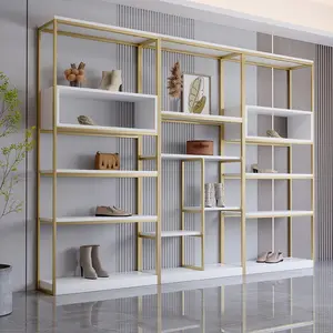 Customized Pretty Luxury Shoes Store Furniture Metal Shoes Display Wall Shelf Gold Display For Retail Shop