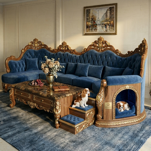 Divano Sezionale Classico in Pelle per Villa di Lusso, Mobili da Soggiorno in Legno Massello Intagliato con Letto Integrato per Animali Domestici - Product Image 2