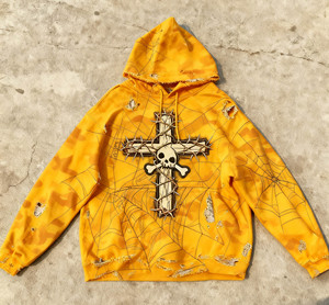 Sudadera con Capucha de Diseño OEM de Lujo para Hombre, Colección Otoño, con Bajo de Corte Crudo, Estampado Digital de Araña, Apliques de Camuflaje, Bordado Desgastado y Detalles con Cuentas - Product Image 3