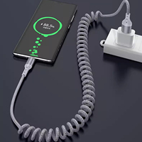 Kabel USB-C Gulung Sudut Kanan Ganda 1.5m, Kabel Pengisian Cepat Portabel yang Dapat Ditarik, Konduktor Tembaga Murni, CarPlay, Hitam