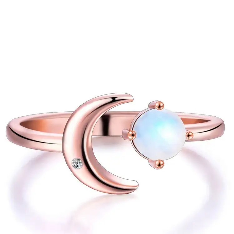 Natural Stone Elegant Adjustable Opening Rings Rose Gold Can Reflect Blue Light Moonstone Rings For Women For Man