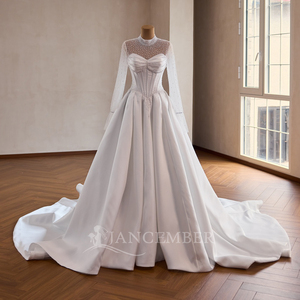 Robes de mariée élégantes Rsm261036 pour les mariées, perles, manches longues, col haut, fermeture éclair au dos, robe en satin style A, robe de mariage Jancemebr - Product Image 2