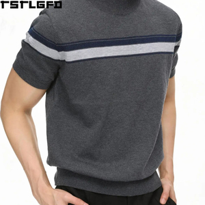 T-shirt en maille à col montant pour homme, coupe et couture, rayures anthracite, col à boutons, manches courtes, vente en gros - Product Image 5