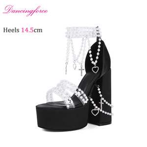 Europäische und Amerikanische Sexy Y2K Mädchen 14,5cm Absatz Lolita-Stil Perlenverzierte Blockabsatz-Sandalen für Damen - Product Image 1
