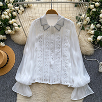 Chemise élégante d'été pour femme, col pointu, manches longues, coupe ample, boutonnée, avec dentelle perlée, pour le bureau