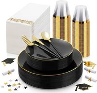 Ensemble de vaisselle jetable en plastique noir et or de 175 pièces comprenant 50 assiettes noires, 75 couverts en plastique, 25 serviettes et 25 gobelets