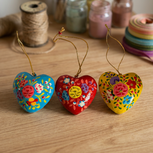 Floral Heart Hanging Christmas Ornament Hand Painted Heart Christmas Decoration Handmade <b>Paper</b> Mache Heart Ornament - Product Image 4