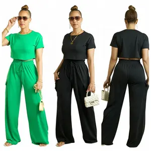 Canal prêt à expédier à manches courtes femmes correspondant haut court et pantalon à jambes larges ensemble avec poches <span class=keywords><strong>Cargo</strong></span> tenues d'été 2024 - Product Image 1