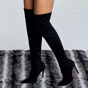 Bottes hautes pour femmes Printemps-Automne 2025 – Nouvelles bottes en daim à talons hauts avec fermeture éclair et élastique fin - Product Image 3