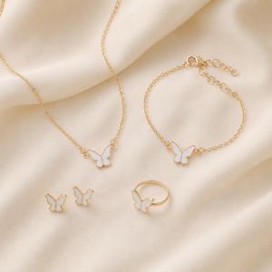 Ensemble de bijoux 4 pièces pour femme : Bracelets papillon porte-bonheur, collier ras-du-cou, bague et boucles d'oreilles, avec breloques en émail blanc et rose et plaqué or - Product Image 2