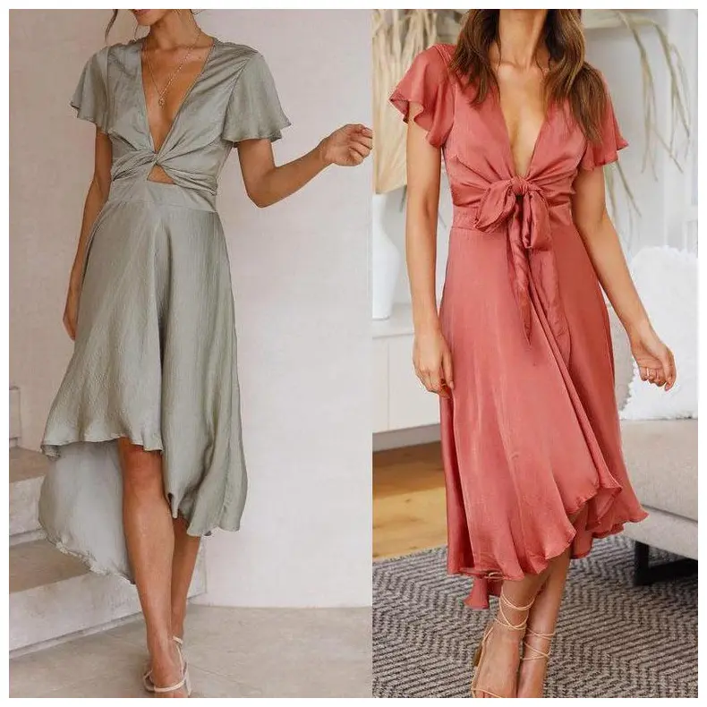 QuiteS Summer Sexy Ladies Dress Loose Women'S Short Sleeve V-Neck Evening Dresses Elegant Irregular Satin Skirt Dress