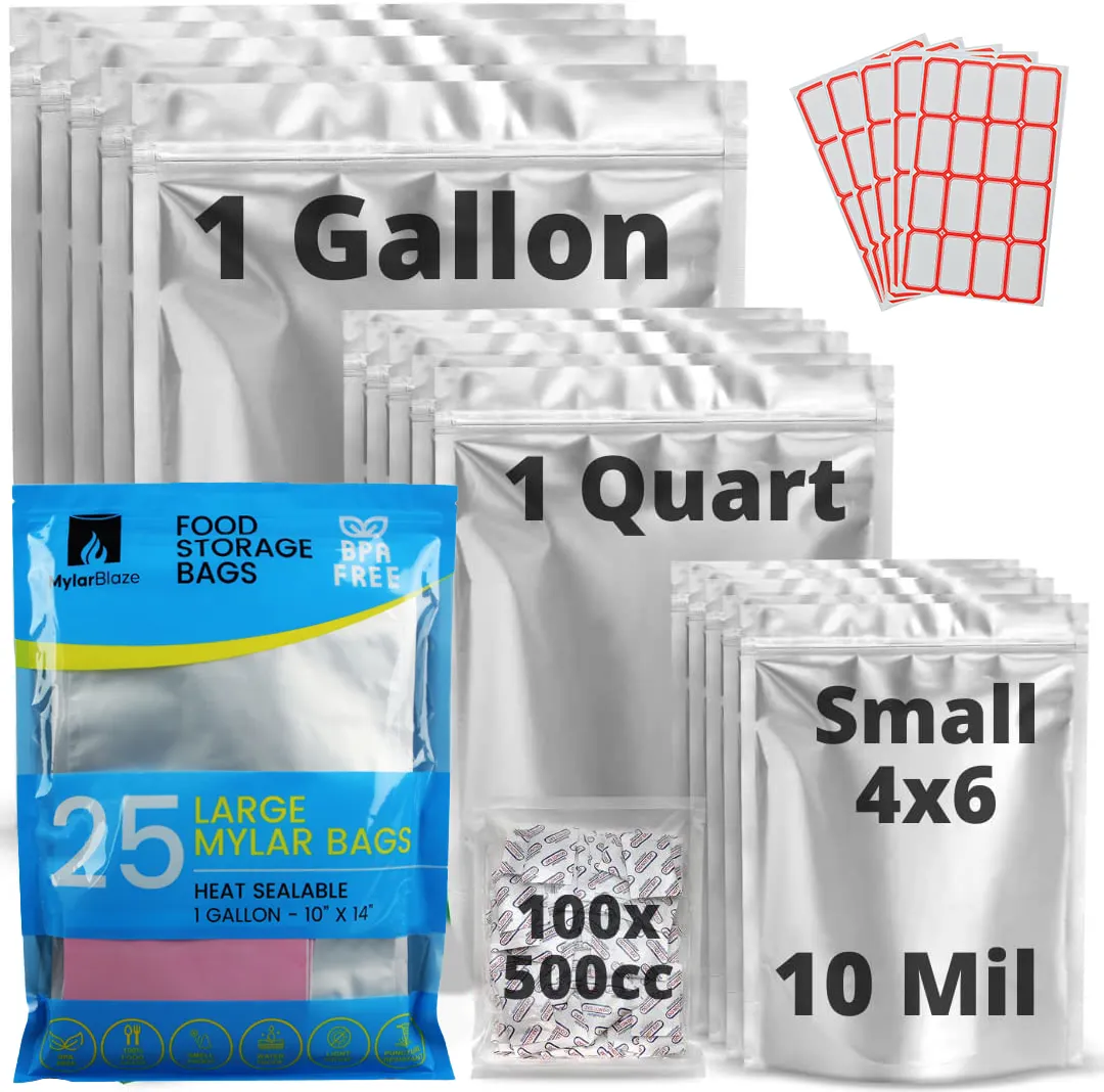 50 Mylar Bags, 50 500cc Oxygen Absorbers 1 Gallon ziplock Mylar Bag for Long Term Food Storage 9.5 Mil Thick