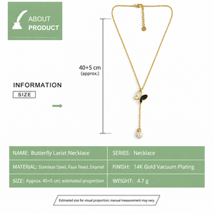 สร้อยคอผีเสื้อสแตนเลสสตีลชุบทอง 14K แบบสุญญากาศเคลือบสีดำพร้อมจี้มุกเทียม - Product Image 2