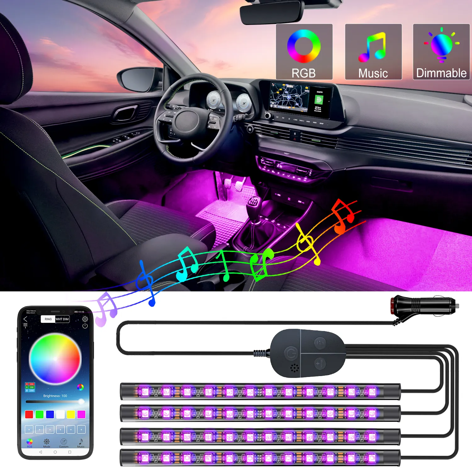 Светодиодная лента RGB для создания атмосферы, беспроводной осветительный прибор с дистанционным управлением, освещение для салона автомобиля