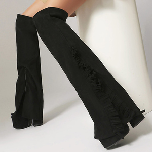 Botas Altas de Mujer Talla 44 con Superposición de Gamuza, Tacón Grueso y Plataforma, Punta Redonda Plegable - Product Image 1