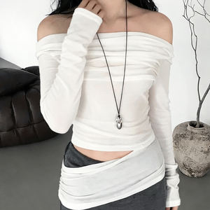 Elegante Top sin Mangas con Hombros Descubiertos y Manga Larga con Detalle Recortado - Ajuste Delgado - Impresión Digital Comprimida - Color Sólido - Camiseta Básica - Product Image 1