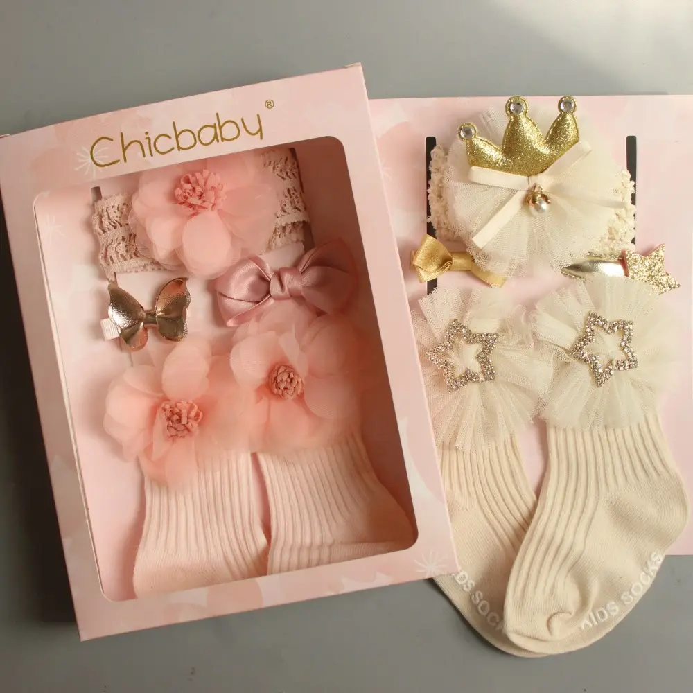 Accessoires pour cheveux de bébé fille, nœud en dentelle, motif étoile, chaussettes cadeau pour enfants