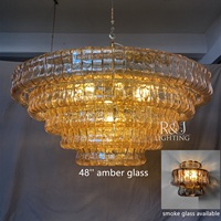 Lámpara de Araña de Cristal de Lujo, Color Ámbar Ahumado, Soplada a Mano, para Sala de Estar, Techo de Cobre, Moderna, LED, Garantía de 3 Años