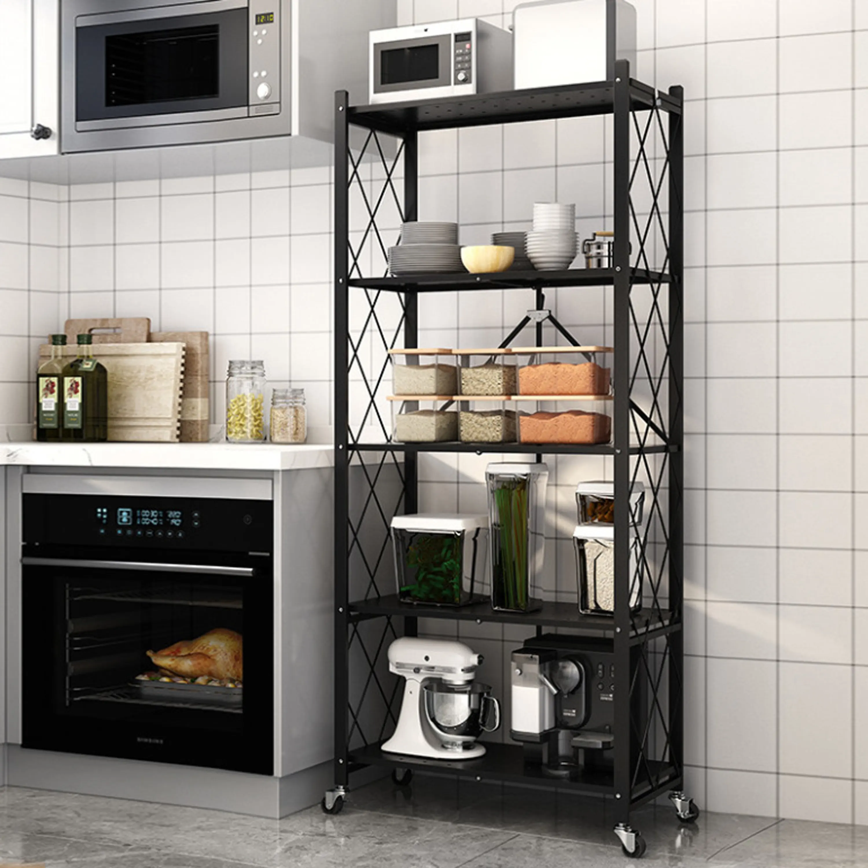 Movable Garage Wire Shelving Units Foldable Storage Shelves Black Kitchen IRON Paper Box No Assemble Required Metal 8000g