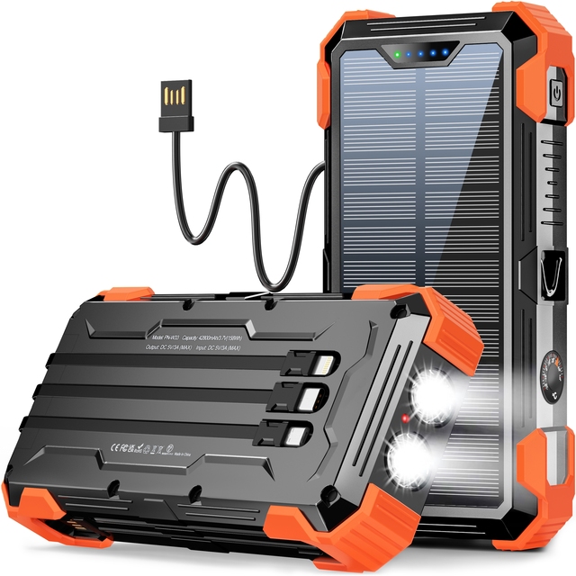 Hot New Online 20000mAh 42800mAh Built-in Cables Rugged Waterproof Shockproof Solar Power Bank Mobile Phone Outdoor Portable